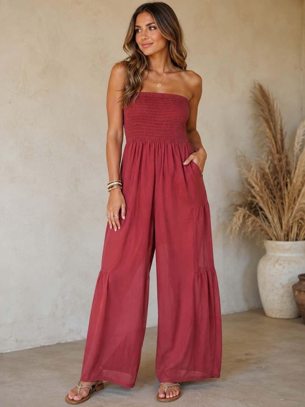 Fashion on Earth Strapless Extra Wide Leg Jumpsuit Tube Top Smocked Burgundy
